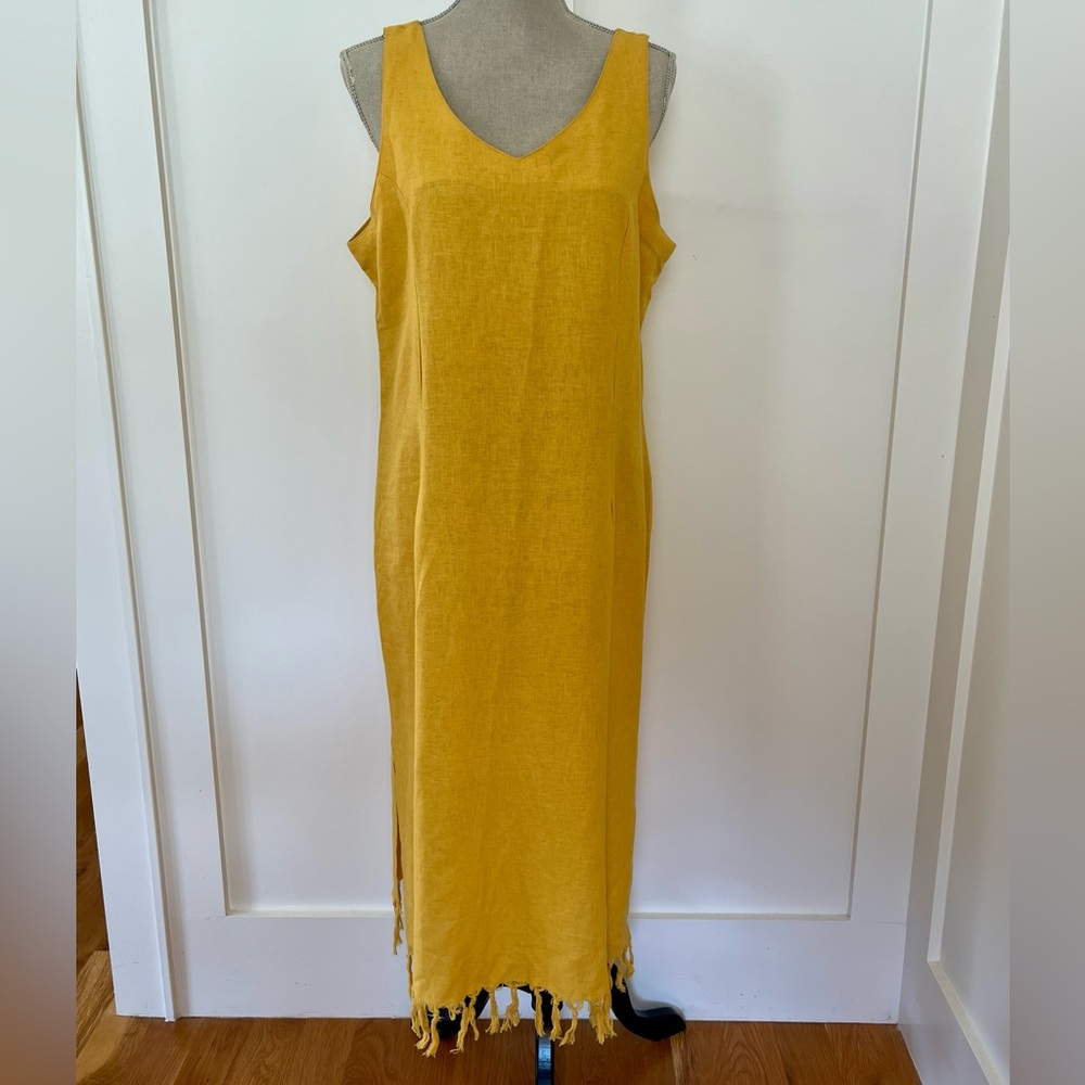 Vintage 80’s Linen Blend Mustard Yellow Fringe Maxi Dress